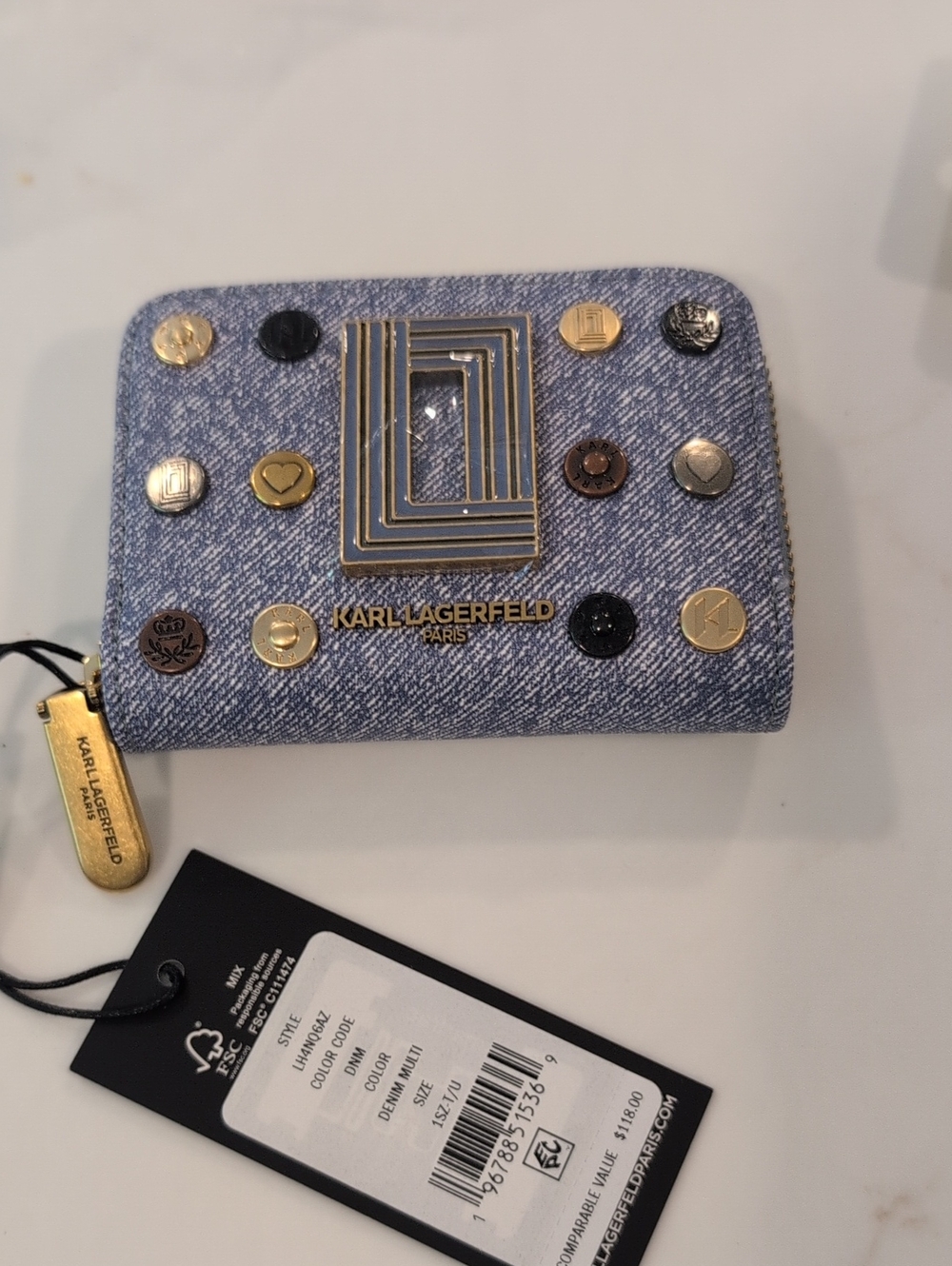 Karl Lagerfeld Denim-Look Blue Studded Compact Wallet